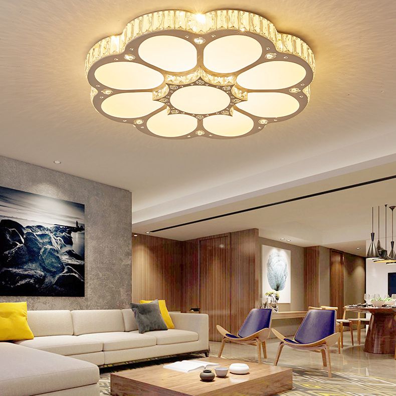 Flower Ceiling Mounted Light Minimalist Crystal Bedroom LED Flush Light in White