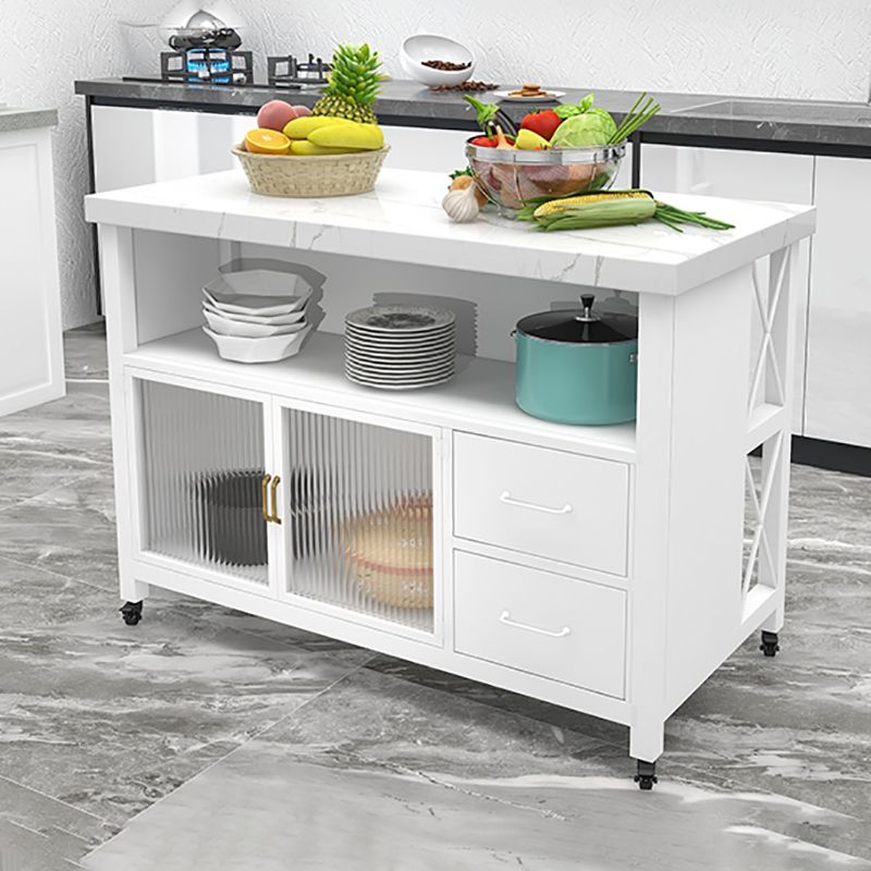 Modern Style Marble Kitchen Trolley Stationary Kitchen Trolley with Double Sided Cabinet