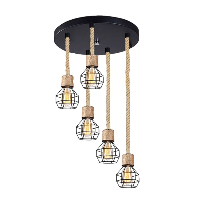 Metal Globe Cage Ceiling Lighting with Adjustable Rope Lodge 3/5 Heads Indoor Hanging Light in Black