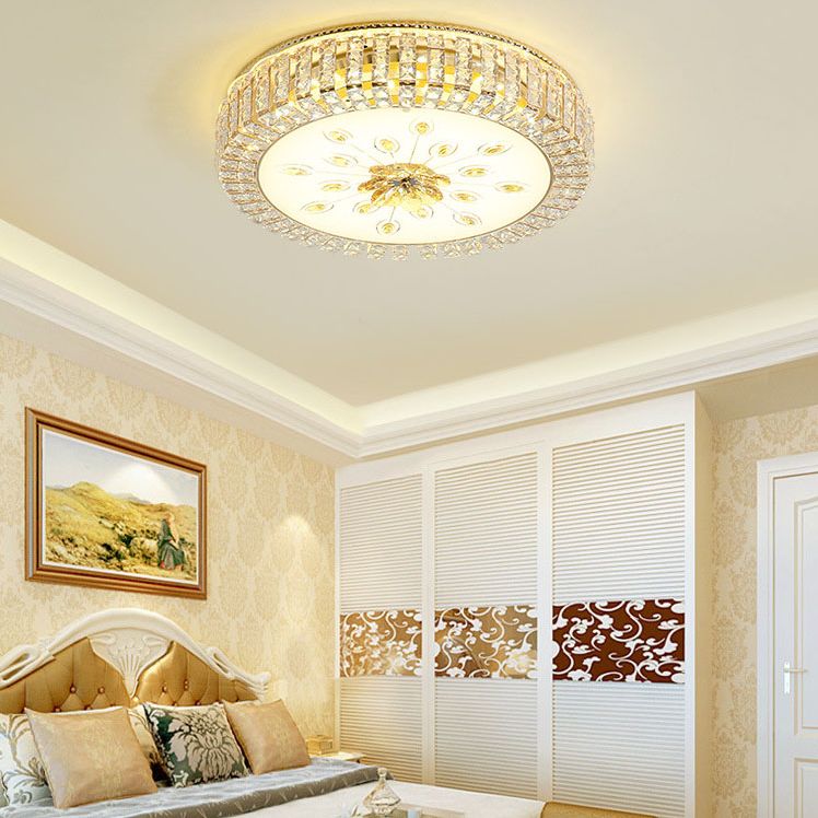 Gold Circular LED Ceiling Light in Modern Luxury Style Crystal Flush Mount with Glass Shade
