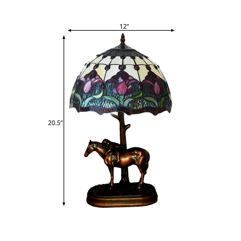 Stained Glass Flowering Bud Night Lamp Tiffany 1-Light Coffee Table Lighting with Kid's Horse Ride Statue