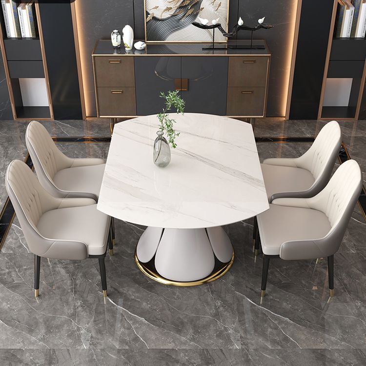 Contemporary Style Sintered Stone Dining Table with Built-in Storage Layer and Pedestal Base