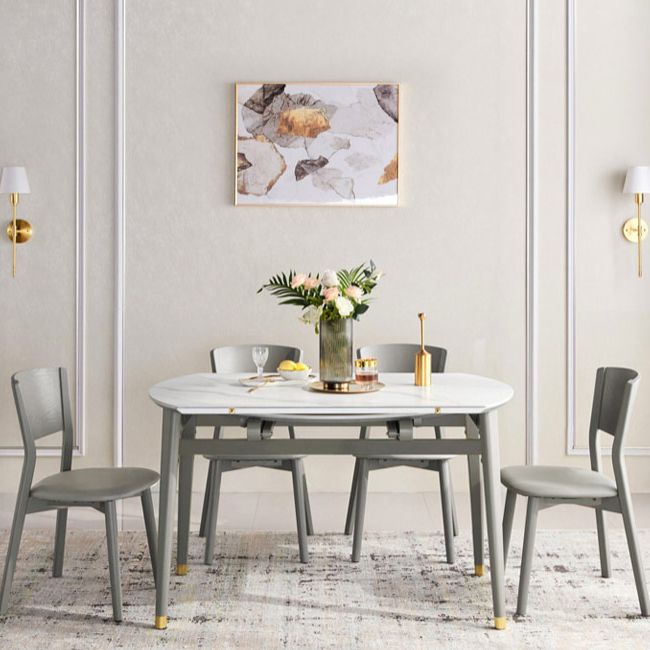Contemporary White Round Stone Dining Table with Solid Wood Legs