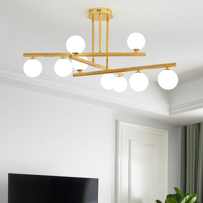 White Glass Bubble Chandelier Modern Gold and Wood Grain Hanging Light for Living Room