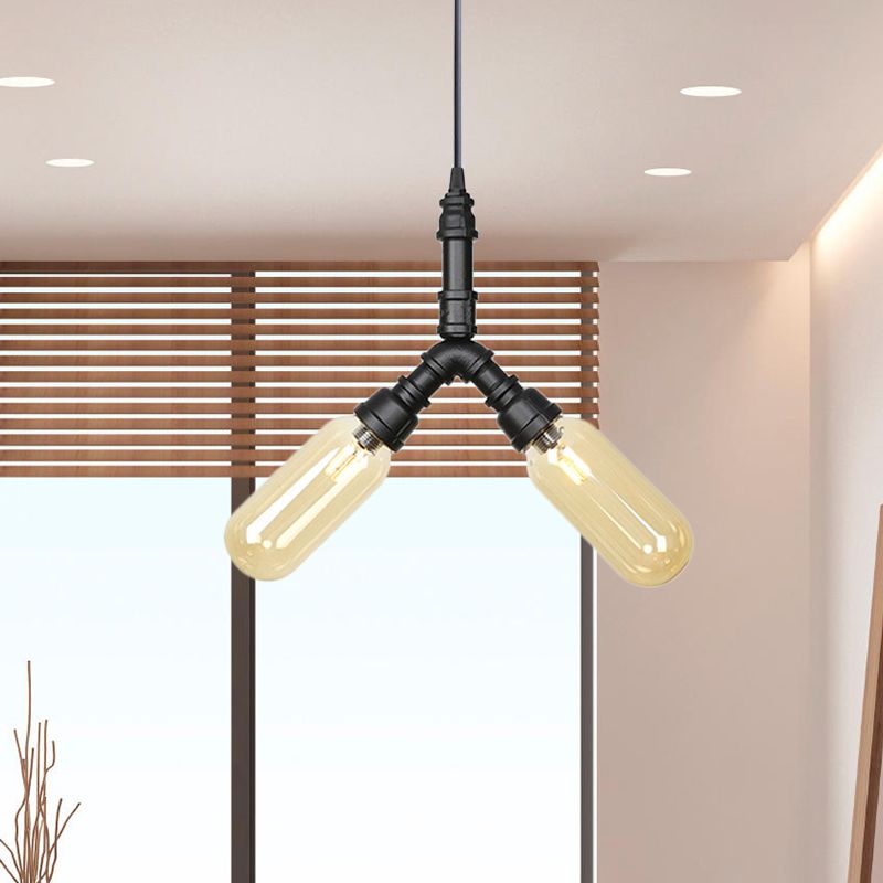 2/3/5 Heads Metal Hanging Light Kit Antiqued Black Finish Sputnik Pipe Bar Chandelier with Capsule Amber Glass Shade