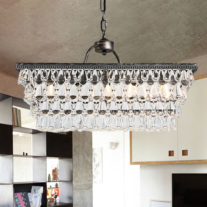 Silver Rectangle Hanging Ceiling Light Modernism Teardrop Crystal 4/6 Heads Living Room Island Light