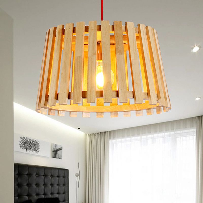 Luz de colgante colgante de tambor de madera contemporánea de 1 luz de techo en beige para dormitorio