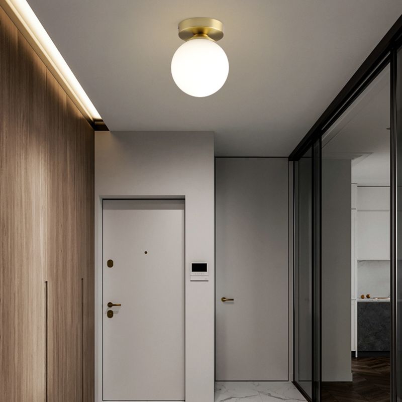 Modern Concise Flush Mount Copper Globe Ceiling Light with White Glass Shade