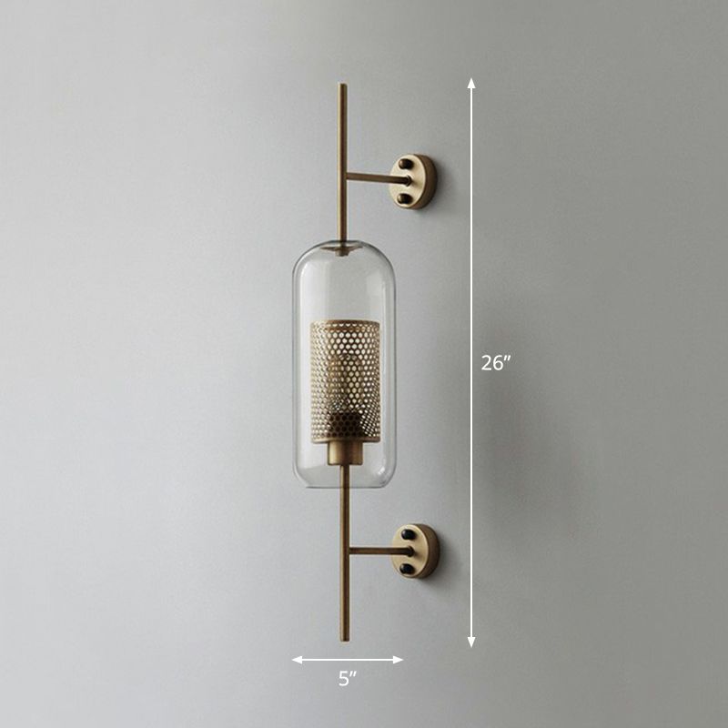 Iron Mesh Wall Mount Lamp Postmodern 1 Head Sconce Light with Capsule Clear Glass Shade