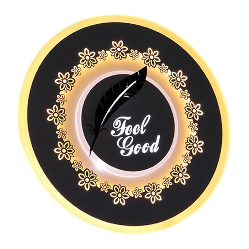 Rounded Corridor Wall Mount Light Fixture Acrylic LED Simple Wall Mural Lamp in Black with Feather/Blossom Pattern