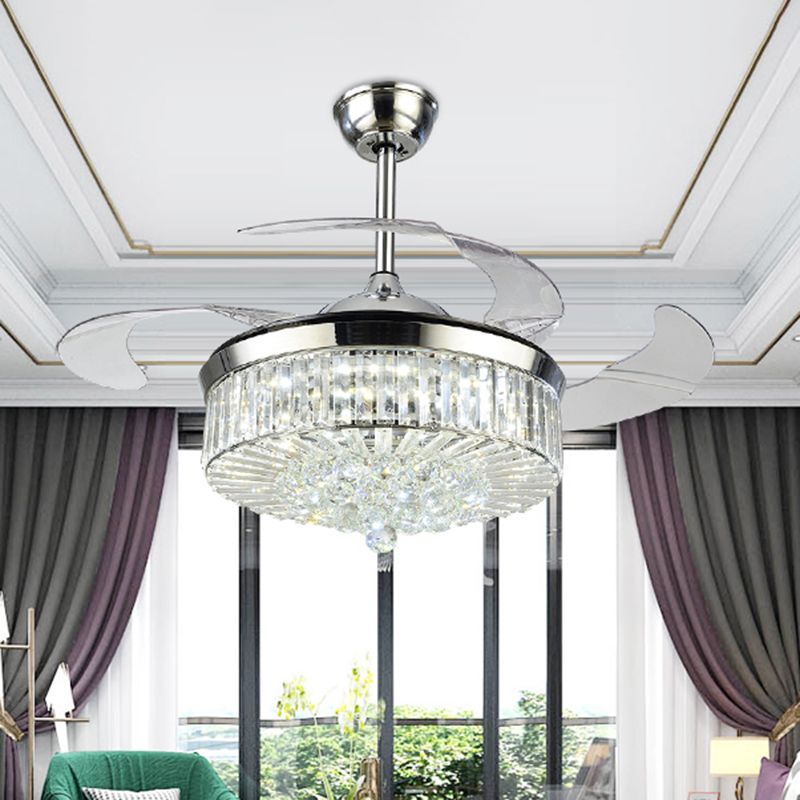 4 Blades Drum LED Anhänger Lüfter Licht modernes Kristall Wohnzimmer Halbflush -Deckenleuchte mit Fernbedienung