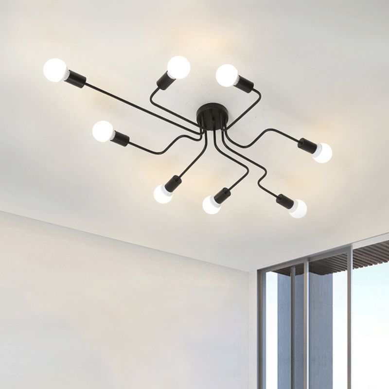 Loft Industrial Exposed Semi Flush Light Fixture 4/6-Head Metallic Ceiling Light Fixture in Black/White for Living Room
