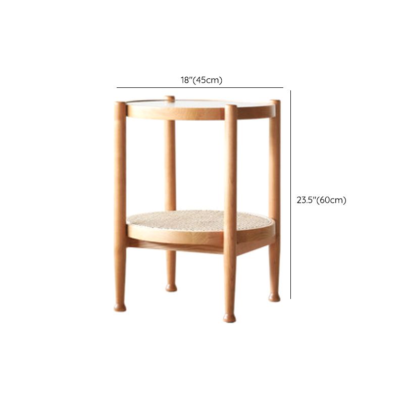 Modern Glass Top Solid Wood 4 Legs Round Double Tier Living Room Side Table