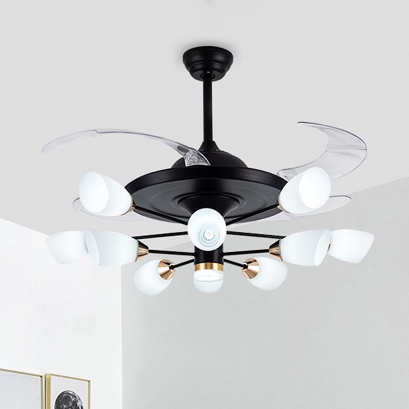 Modern Tulip 4-Blade Hanging Fan Light White Glass 10-Head Living Room Semi Flush Chandelier in Black, 42" W