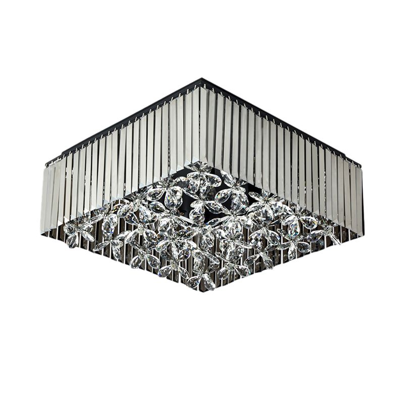 Squared Bedroom Flush Mount Smoke Gray Crystal 7 Heads Modernism Flush Light Fixture with Flower Droplet Inside