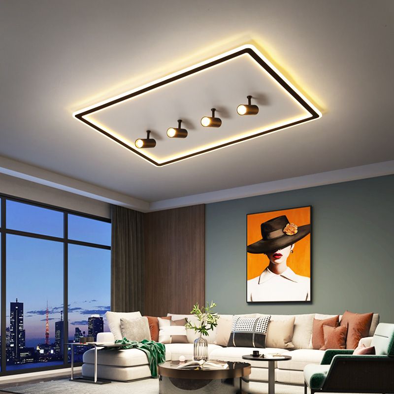 Black New Modern LED Flush Mount Rectangular Living Room Ceiling Light Fixture with 4 Spotlights
