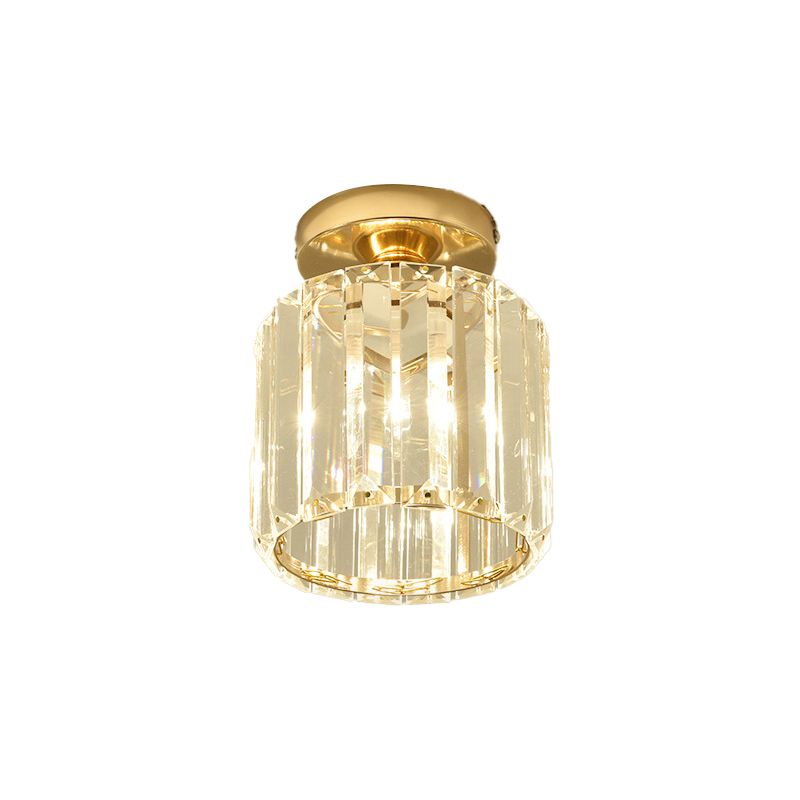 1-Light Crystal Flush Cylinder Shade in Gold and Clear Ceiling Flush