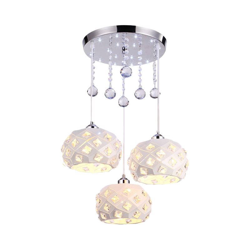 Modernistischer Drum Cluster Anhänger Eisen 3 Köpfe Esszimmer Kristall hängende Deckenlampe in Weiß