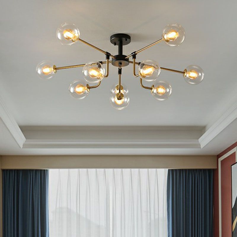 Postmodern 10-Light Chandelier Black and Brass Radial Pendant Light with Ball Glass Shade