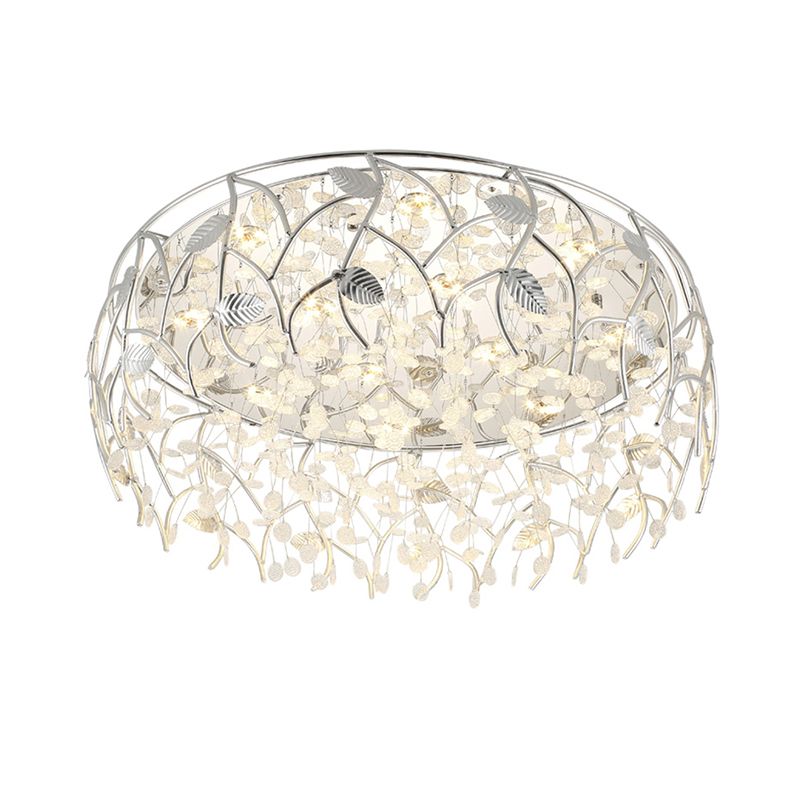 Plafonnier chromé romantique avec feuille et perle de cristal, plafonnier en métal pour chambre à coucher