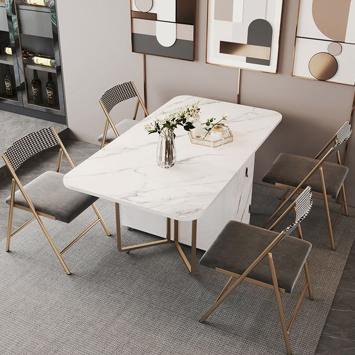 Contemporary Rectangle Dining Table Sintered Stone Drop-Leaf Table with Metal Base for Dining Room