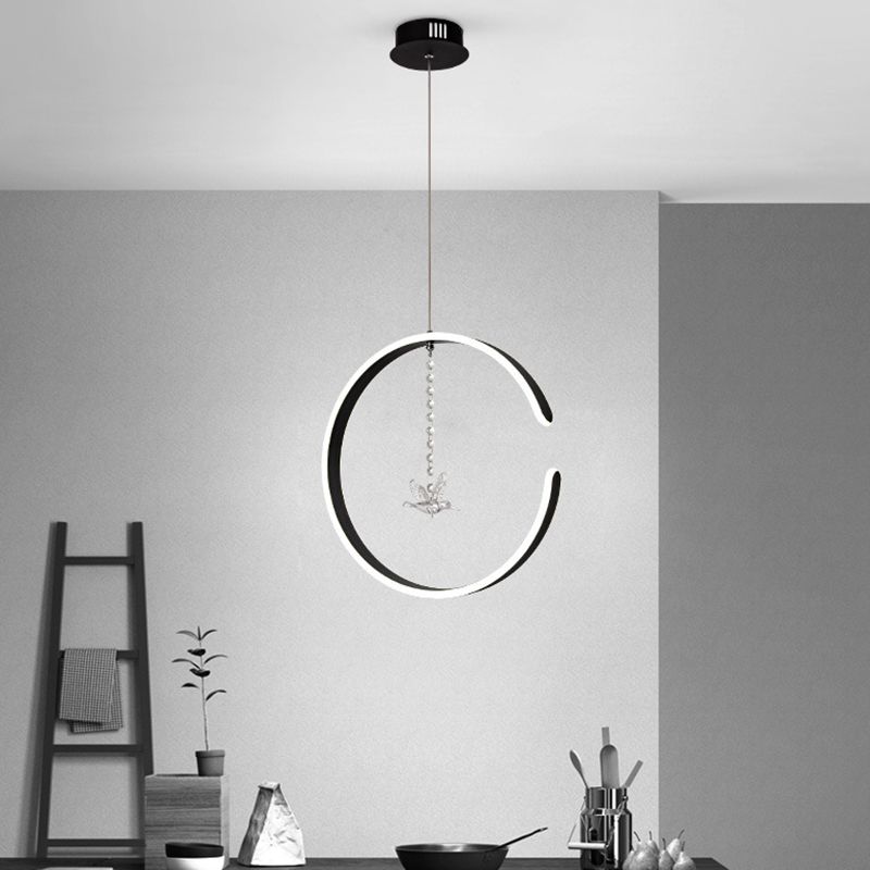Acrylic Ring Hanging Light Kit Modern LED Black Pendant Lamp with Bird Crystal Droplet in White/Warm Light
