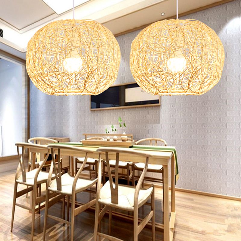 Wood Handcrafted Suspension Lighting Minimalist Single Bamboo Pendant Ceiling Light