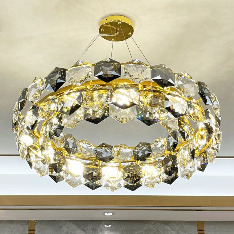 Post-Modern Round Suspension Light Hexagonal-Crystal Living Room Chandelier Lighting in Gold