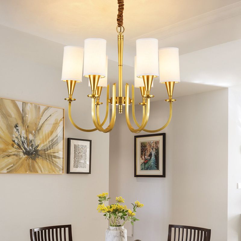 Brass American Traditional Style Chandelier Cylindrical Fabric Shade Dining Room Lighting Fixture with 19.6" Adjustable Suspension Chain