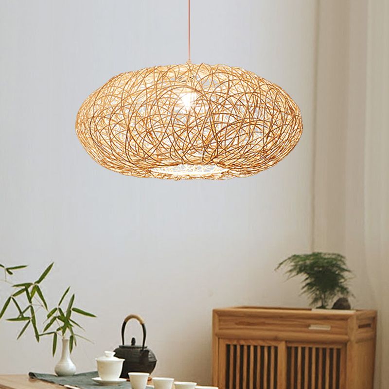 Chinese 1 Bulb Hanging Light Beige Lantern Pendant Lighting Fixture with Bamboo Shade