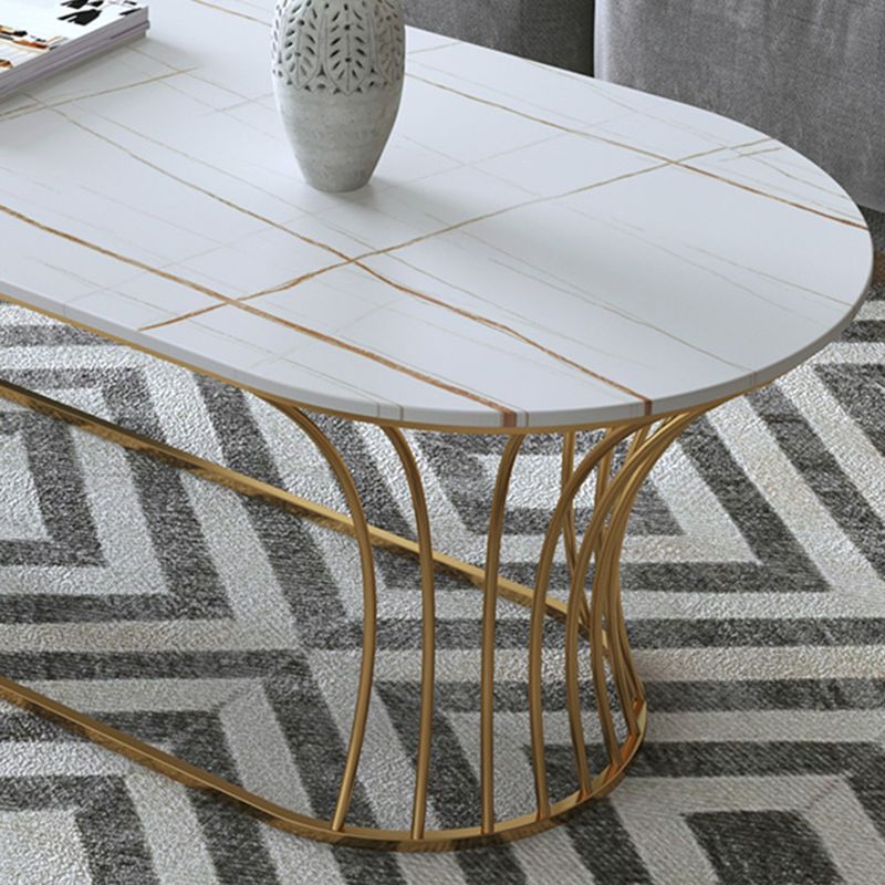 Glam Oval Slate Coffee Table with Iron Frame and Stone Top Cocktail Table