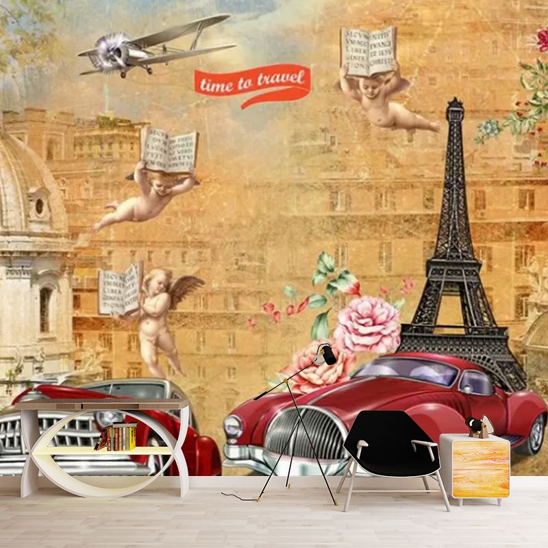 Enormous Illustration Minimalist Wall Mural for Home Decoration with Cars Design in Brown, Made to Measure