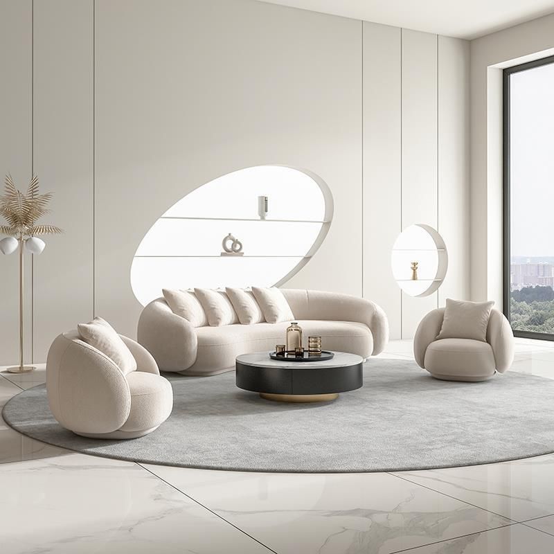 Contemporary Sloped Arm Sofa 25.6" H Curved Back Wool Sofa in Creamy