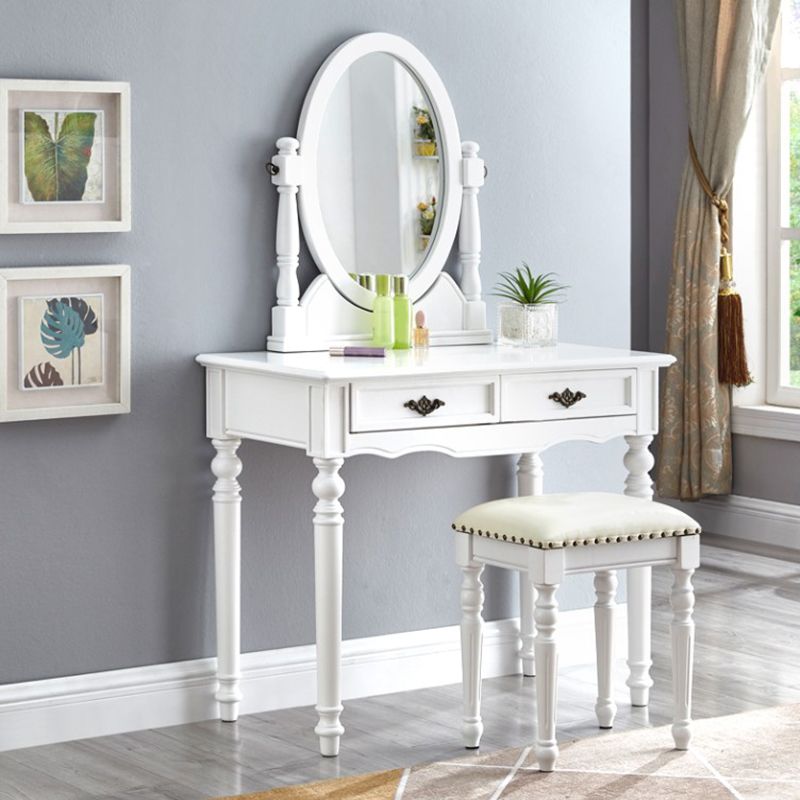 Bright White Vanity Set with 2 Storage Drawers Rubberwood Make-up Vanity, 17.71" Wide