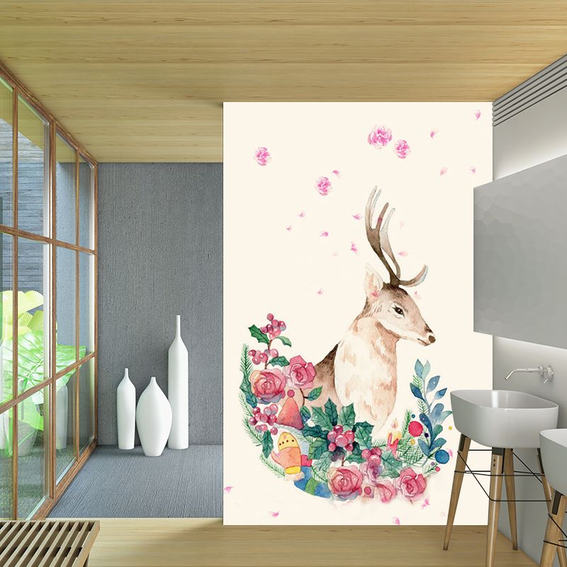 Artistic Deer Wall Covering Murals Pink and Green Flower Wall Decor for Living Room