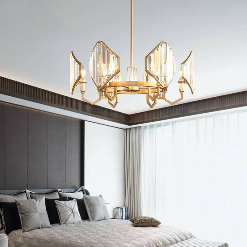 Gold Candle Hanging Pendant Light Postmodern 6/8 Lights Rectangle-Cut Crystal Chandelier Light