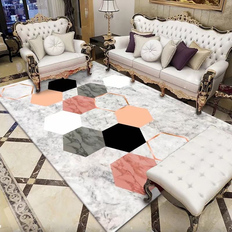 White Geometric Print Rug Polyester Simple Rug Washable Rug for Drawing Room
