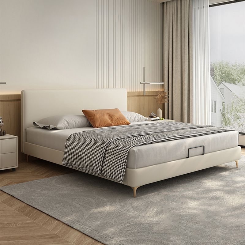 Wood and Upholstered Standard Bed with Headboard Panel Bed in Beige