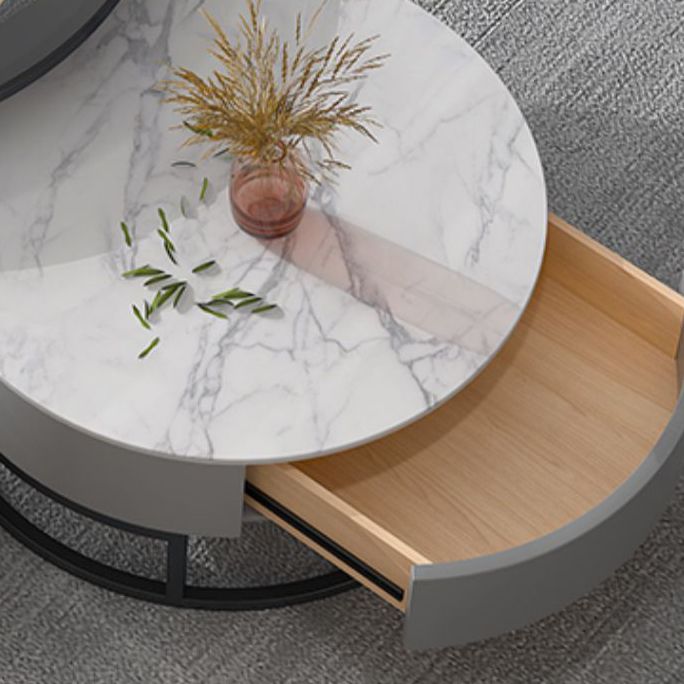 Modern Round Glass & Slate Coffee Table Set Frame Cocktail Table with Drawer