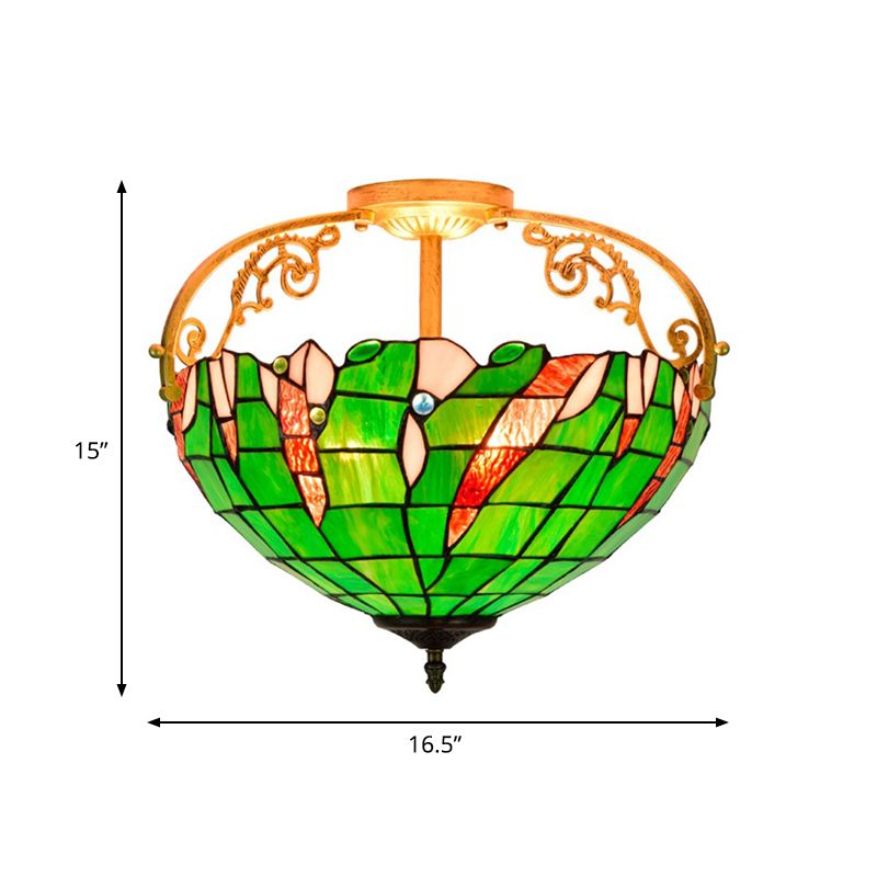 Towl Green Semi Flush Lighting Tiffany 3 luces de vidrio manchado cerca de la lámpara de techo para el dormitorio