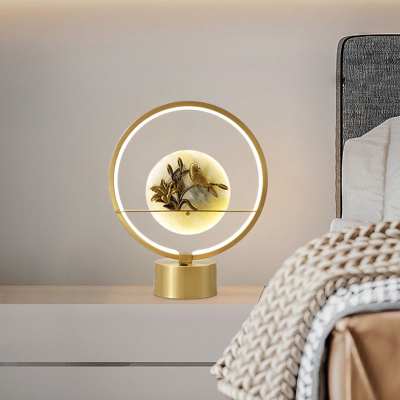 Circle Night Table Light Modernist Metal LED Gold Desk Lamp with Inner Flower and Bird Decor