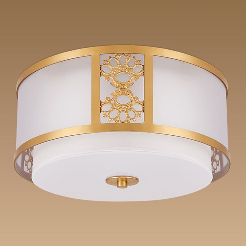 Brass Relief Design American Rustic Ceiling Light Drum Shaped Acrylic Shade Living Room Lighting Fixture