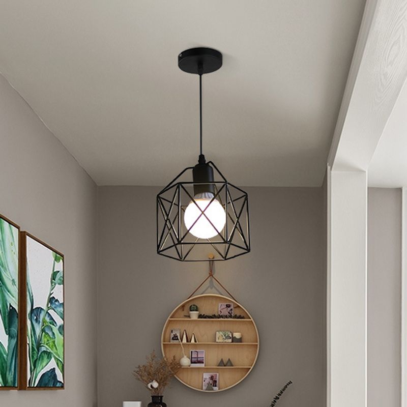 Zwarte ijzeren kooi 1-licht hangende licht retro industriële stijl verlichting hanger met 59 "verstelbare draad