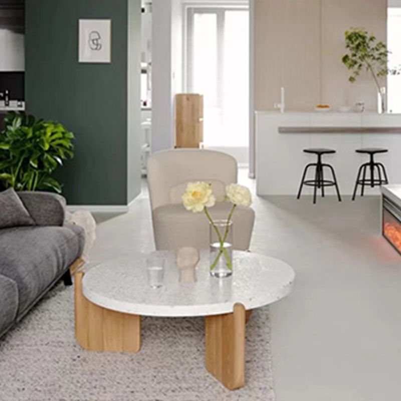 Round Terrazzo 1 Single Coffee Table Modern Style Wooden 3 Legs Cocktail Table