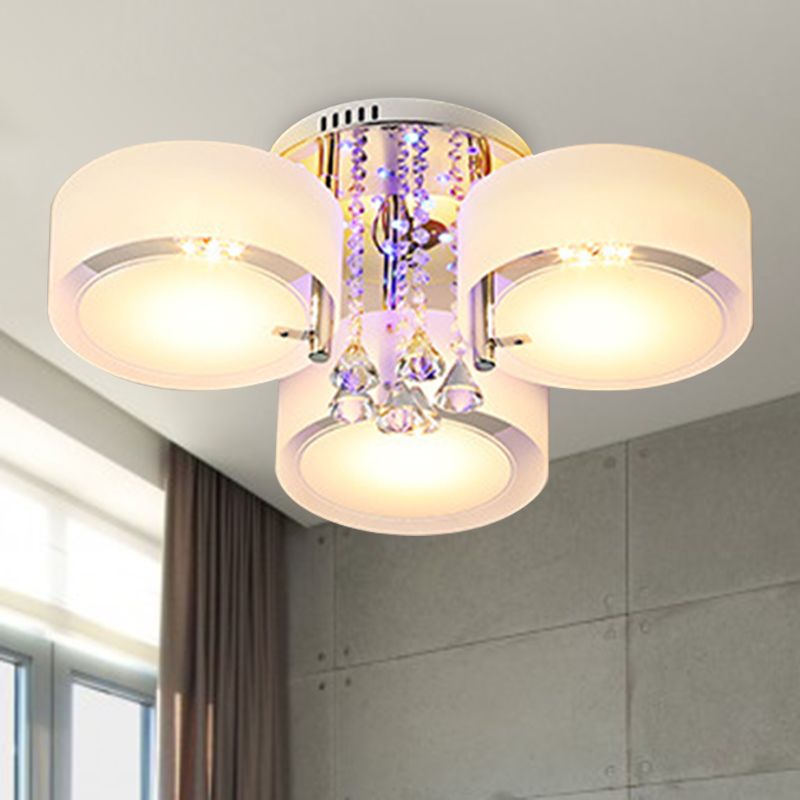 Drum Flush Mount Light Modern Frosted Glass 3/5/6 Heads White Ceiling Light with Crystal Drop