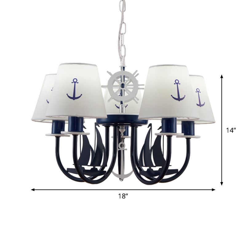 Niños de techo colgante de brazo arqueado metálico 5/6 bombillas araña colgante azul con sombra de tela blanca cónica