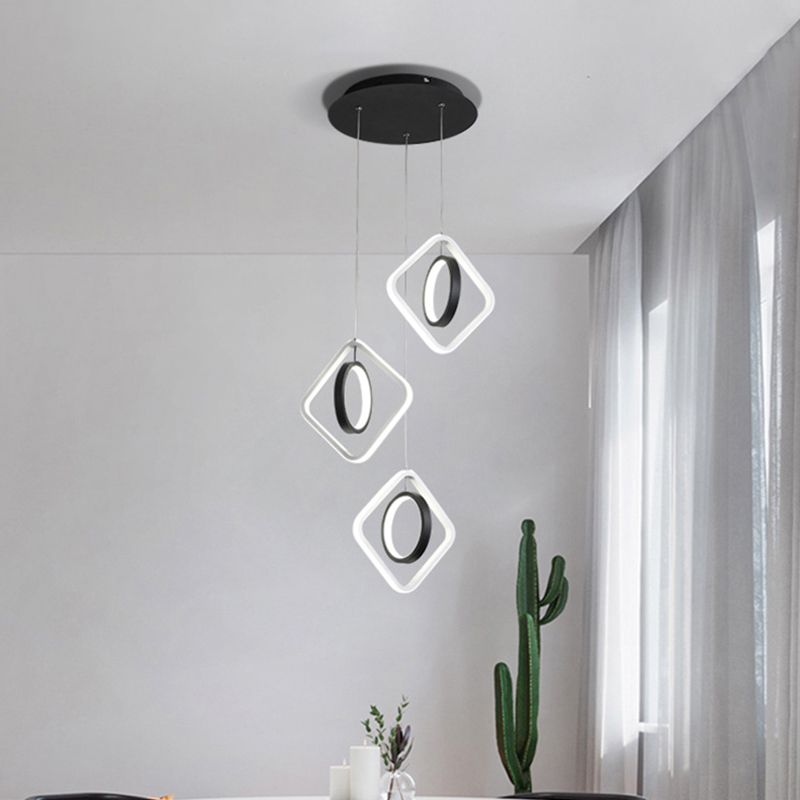 Modern Ring and Square Ceiling Light Acrylic Dining Room LED Multi Lamp Pendant in Black, White/Warm Light