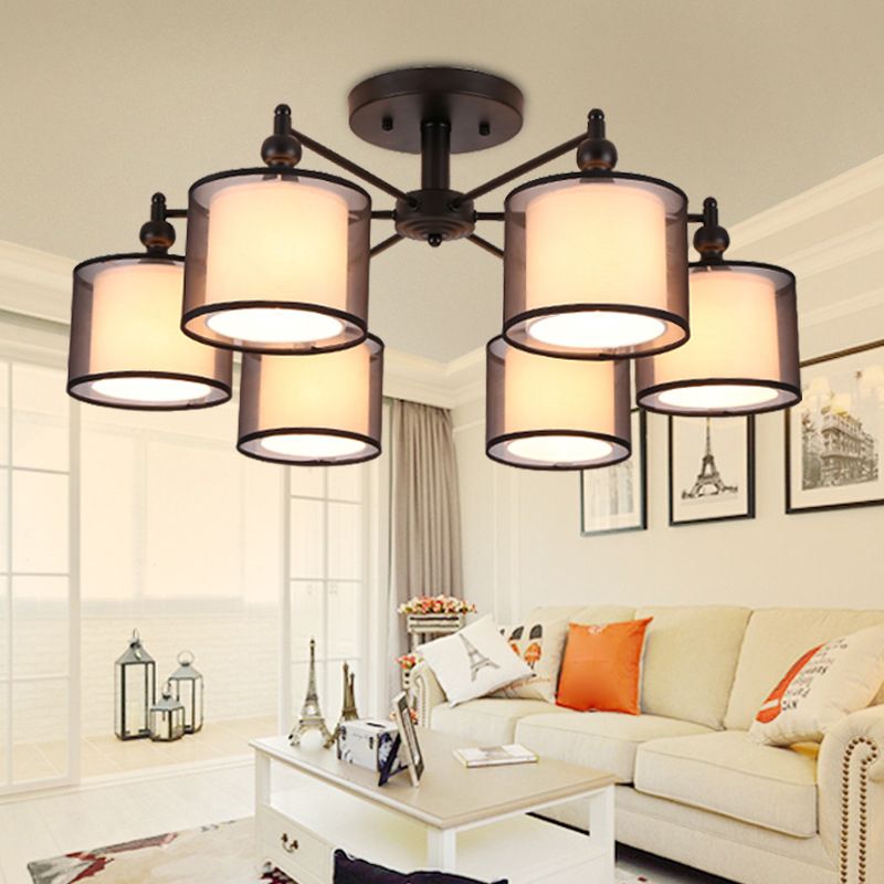 Hedendaagse cilindrische semi -flush mount stof woonkamer dicht bij plafond kroonluchter in zwart