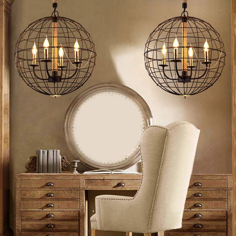 3/4/6 Lights Globe Shape Hanging Lamp with Wire Frame Vintage Stylish Golden Iron Ceiling Fixture for Dining Room