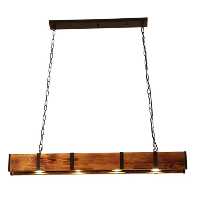 Rectangular Wooden LED Island Pendant Light in Industrial Vintage Style Wrought Iron Ceiling Light in Log Color